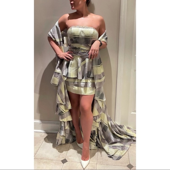 Tony Bowls Evenings Gray Plaid High Low Dress - Picture 1 of 16